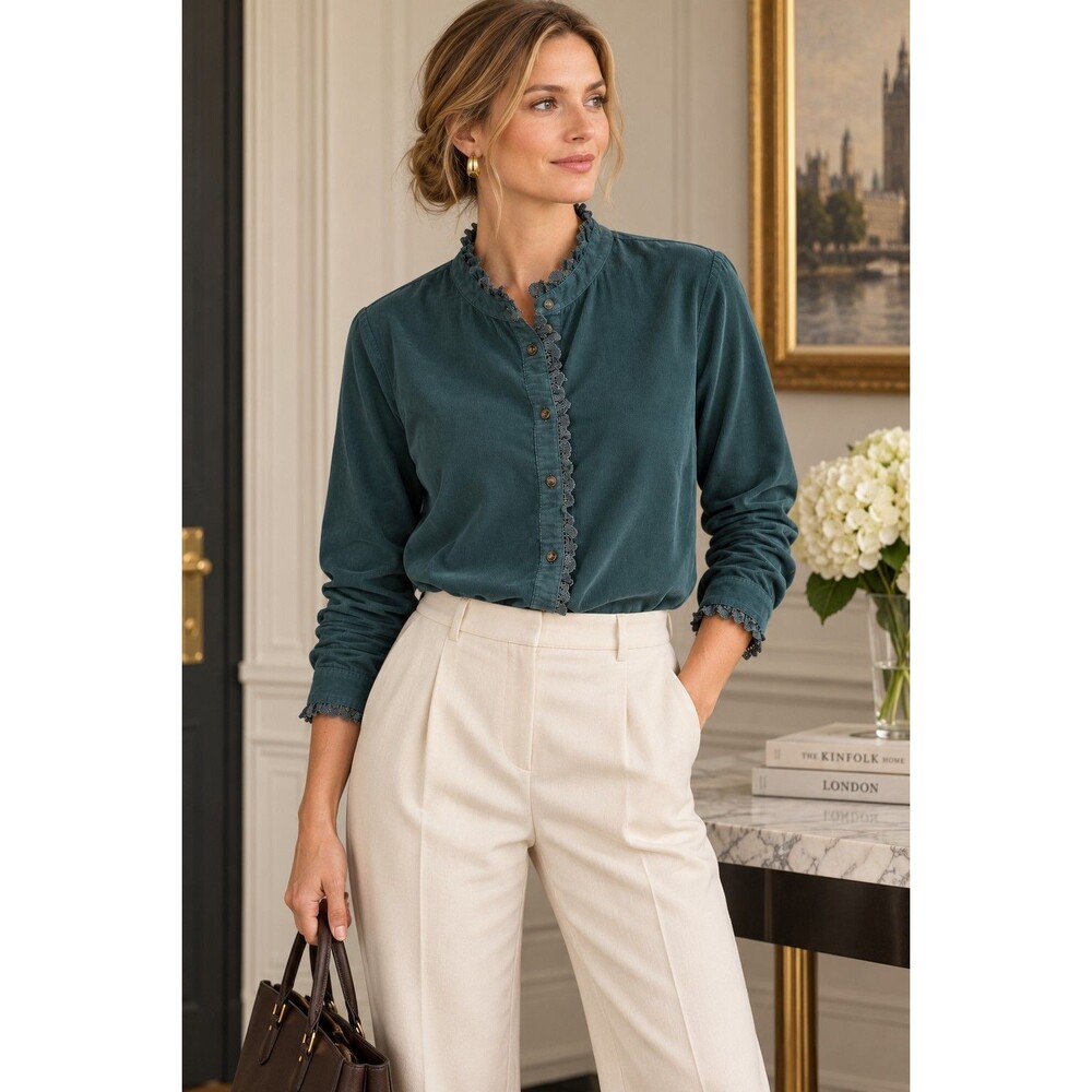 Boden Phoebe Cord Shirt Women 16-18 Spruce Green Ruffle Cotton Corduroy Blouse